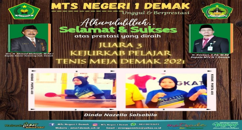 Siswa MTs N 1 Demak juara 3 Tenis Meja Kabupaten Demak